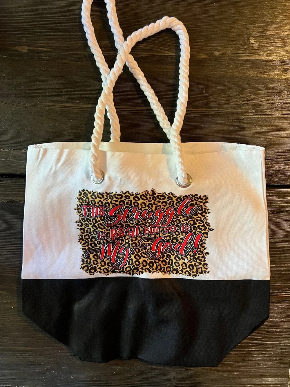 Canvas Colorblock Leopard Print Tote Bag - Black & Cream